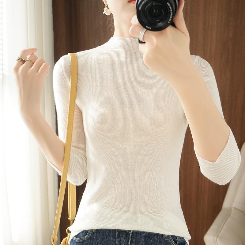 New Spring and Autumn Thin Knitted Sweater Female Slim Solid Color 7-point Sleeve Sweater Temperament Thin Solid Color Pullover Half Turtleneck