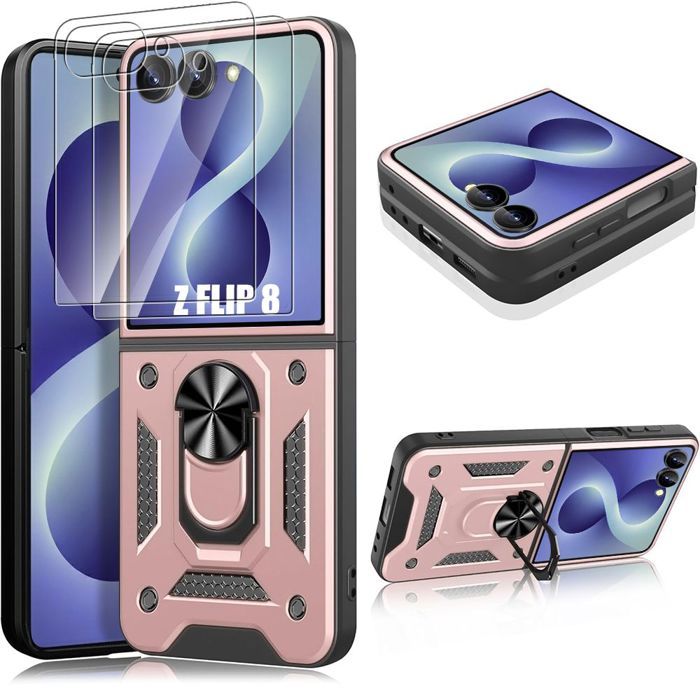 Hoesje + 2 Gehard Glas voor Samsung Galaxy Z Flip 8, Schokbestendige Krasbestendige Bumper Bescherming Roze
