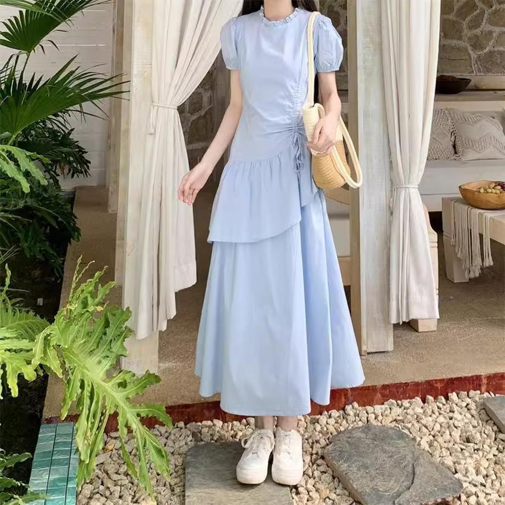 

Синее платье с коротким рукавом женское летнее новое маленькое плиссированное и тонкое темпераментное платье-торт XL- (recommended 110-60kg)