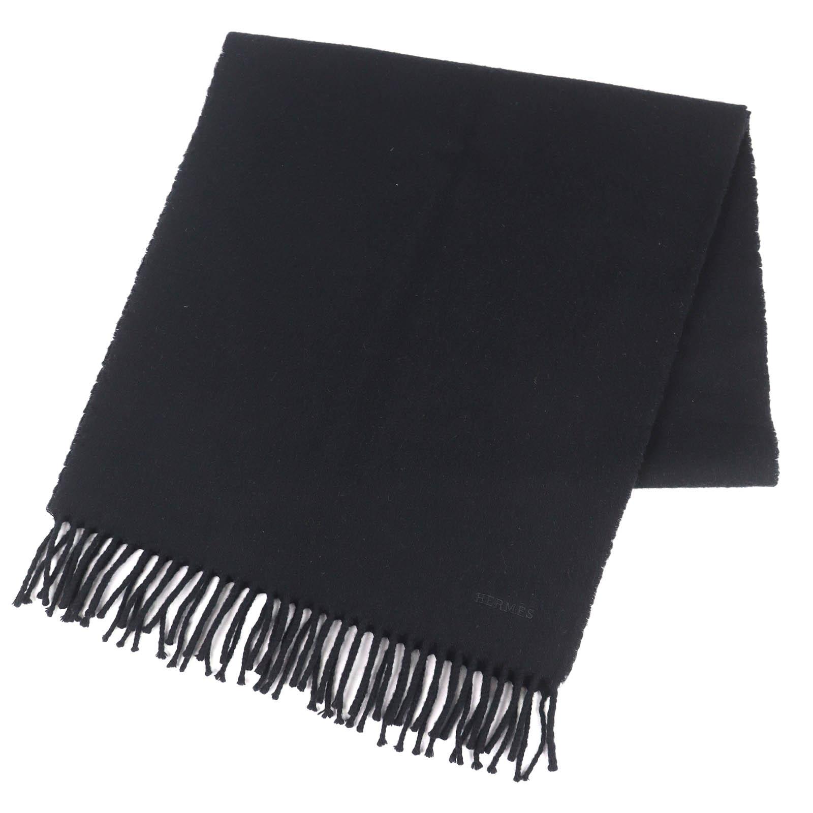 

Great HERMES Scarf Logo embroidery fringe black cashmere mens Used