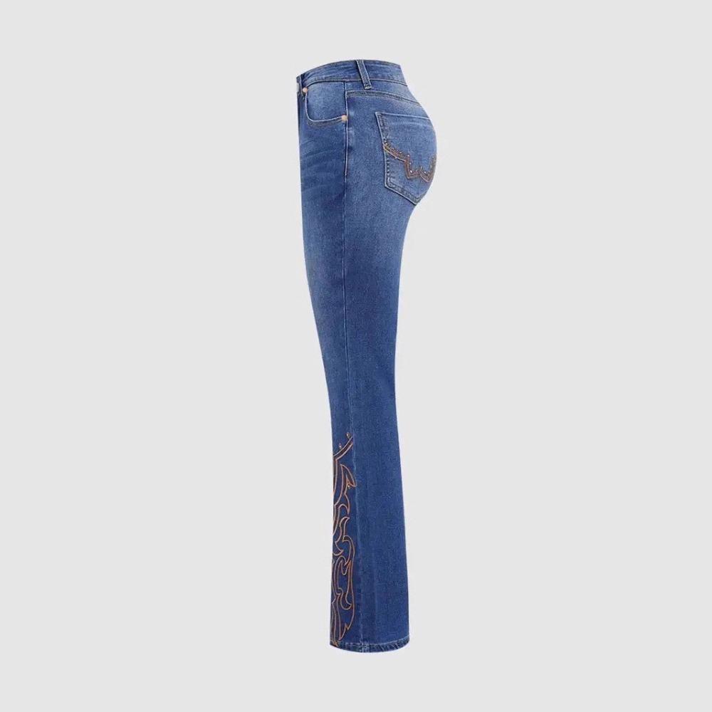 Damskie Jeansy z Wysokim Stanem, Dopasowane, Haftowane, z Nitem, Lekko Rozszerzane od Kolana W dół, Średnio Elastyczne, Styl Westernowy, Bootcut
