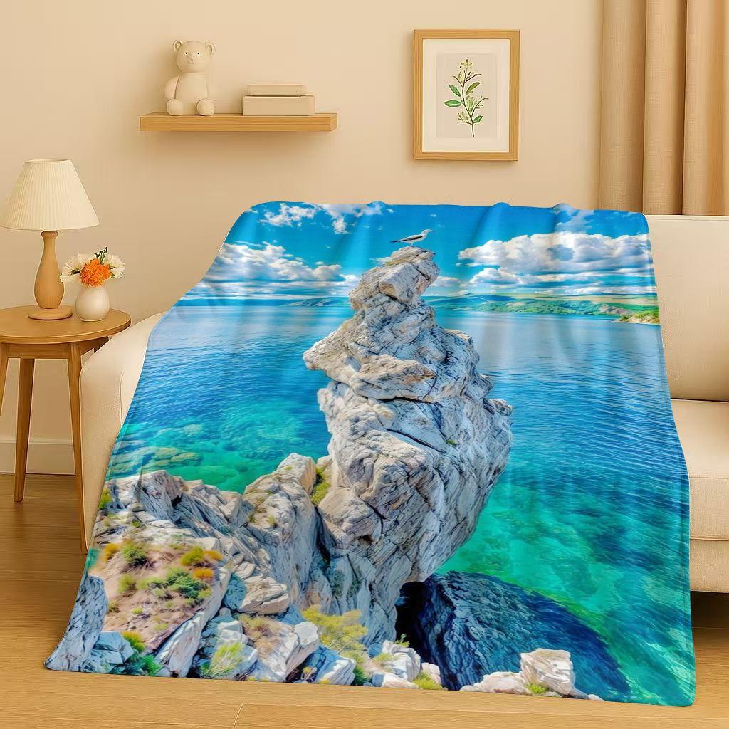 3D Beautiful Natural Scenery Sea Sky Tree Flannel Blanket,Ultra Soft Warm Plush Throw for Home Bedroom Bed Sofa Cover Kids Gift