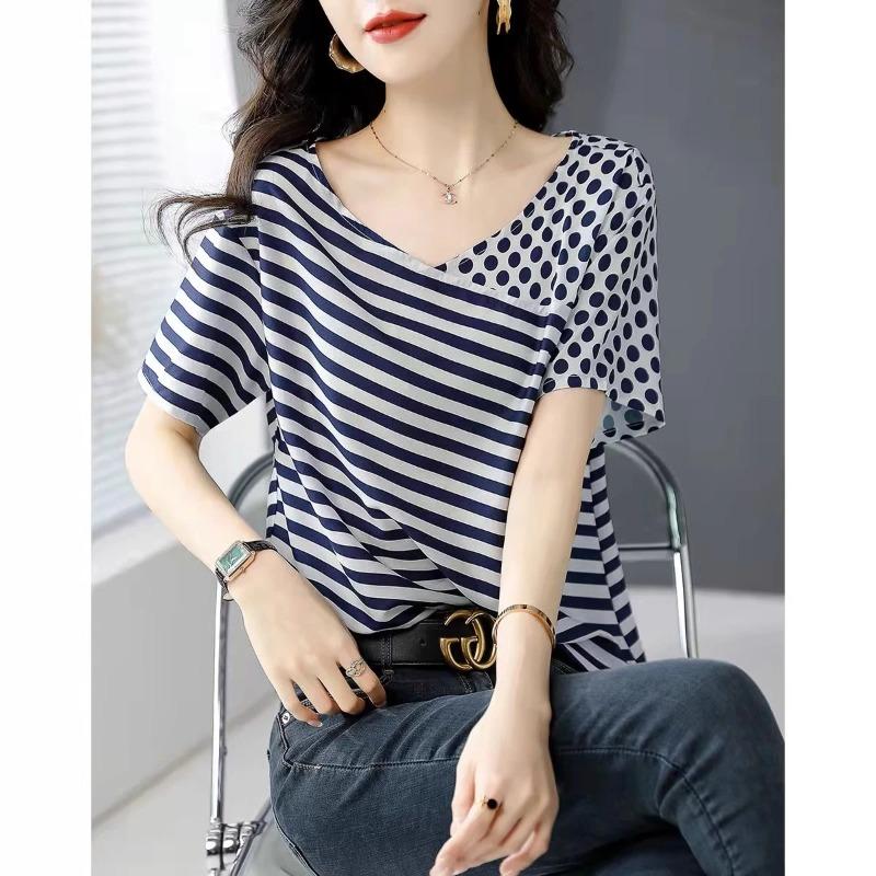 Short-sleeved T-shirt Women's New Summer Top Fashionable Elegant and Fresh Age-reducing Splicing Striped Printed Chiffon Shirt