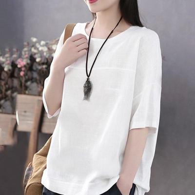 Sommer Neuer Stil Literarischer Stil Einfarbige Lässige Kurzarm Baumwolle und Leinen Lockeres Basisshirt Große Größen Damen T-Shirt