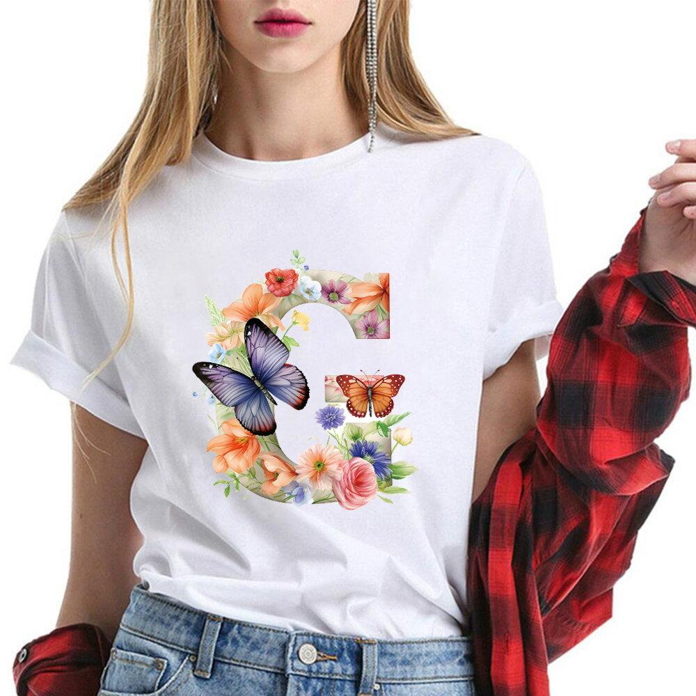 New T-Shirt Butterfly Letter Collection Women's Plus Size  T-Shirt Top Short Sleeve Gift Couple Tee