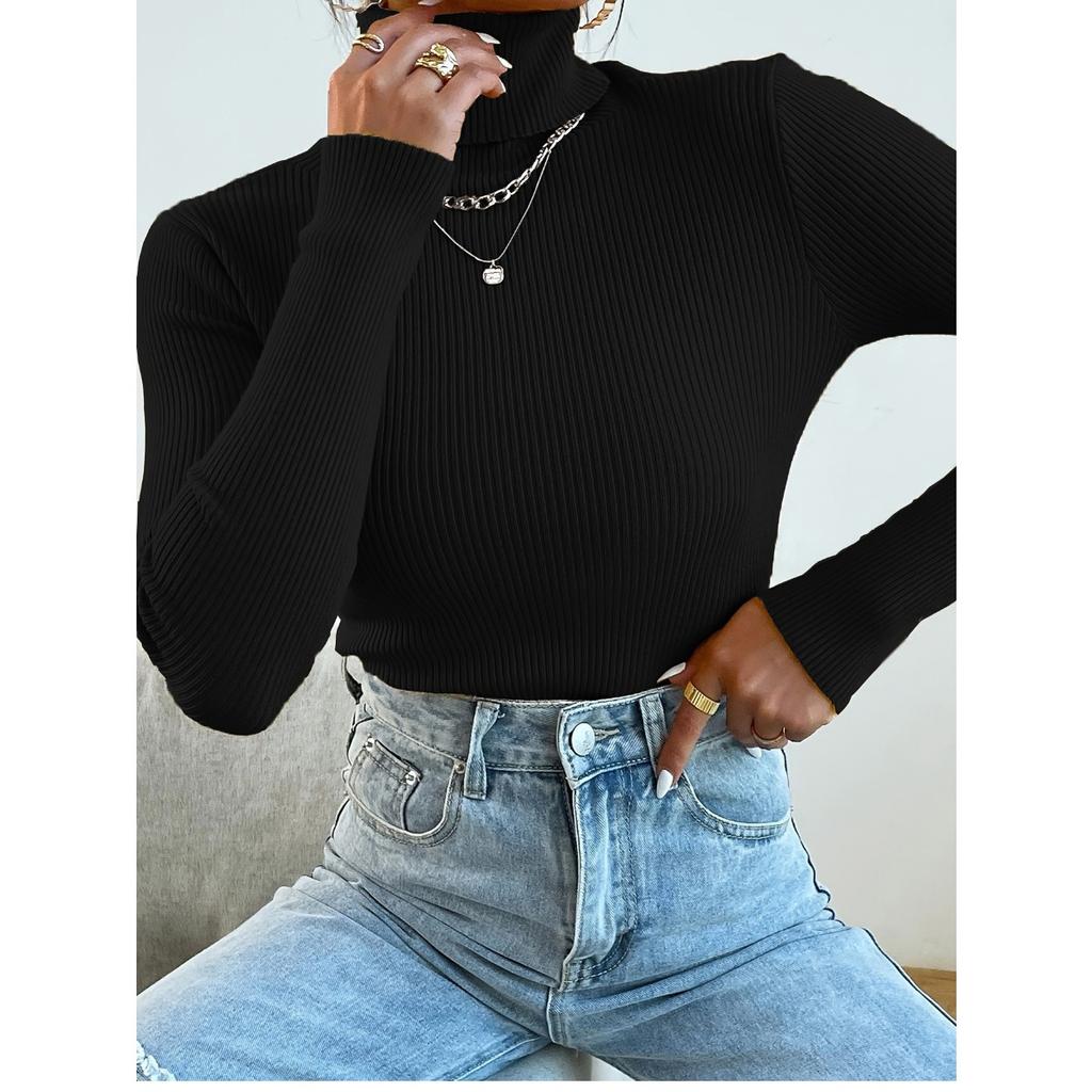 New Women's Solid Turtleneck Sweater, Long Sleeve Pullover Knit Top Casual Basic Base Layer for Women, European American Fashion