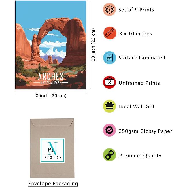 Nilem Design Retro National Park Posters Set of 9 – 8x10 Illustrated Wall Art Prints – Unframed Vintage-Style Nature Decor for Living Room,