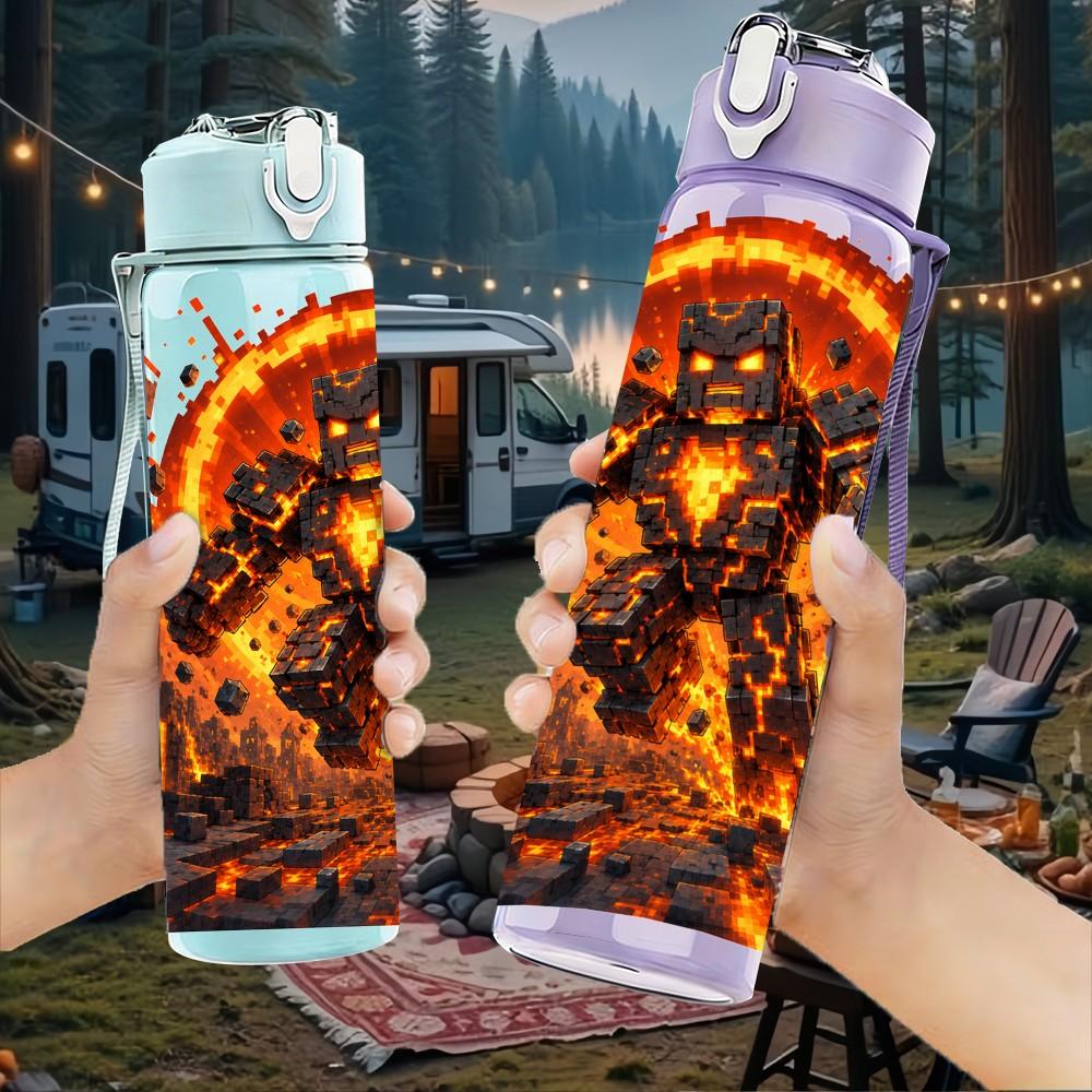 1PC Lava Fire Demon Monster Pattern 750ml Color Plastic Sports Water Bottle Leakproof Flip Straw Lid Suitable for Sports Office Home Use