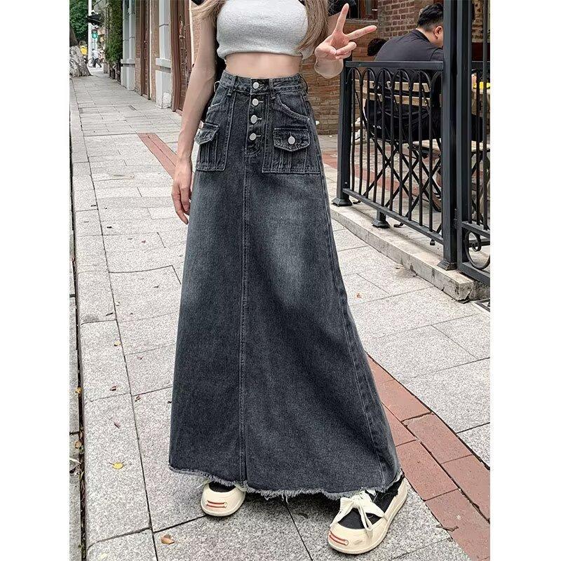 Vintage Korean Style High-Waist Denim Midi Skirt for Women - Early Spring/Summer A-Line Bodycon