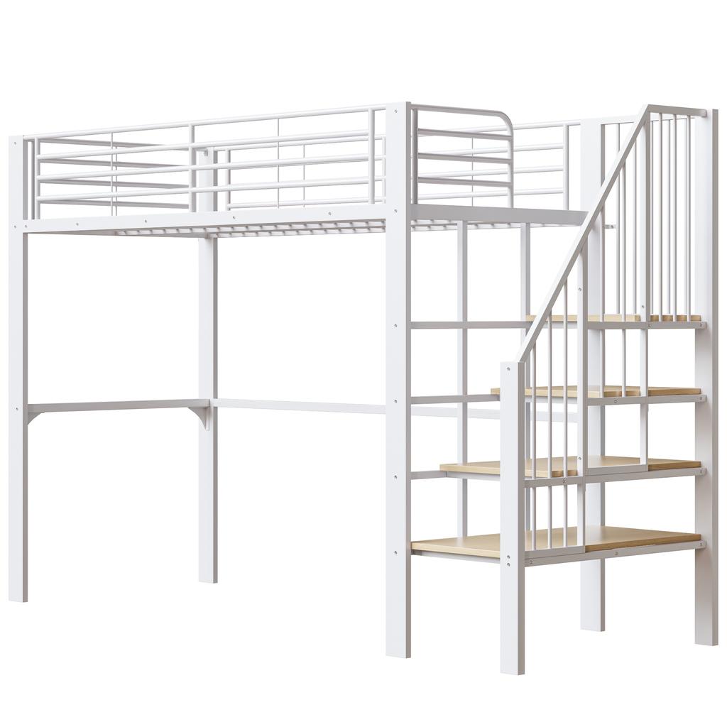 Letto a soppalco 90 x 200 Struttura Metallica Stabile con Ampio Spazio di Archiviazione Sotto il Letto e Scaletta Ideale per Bambini e Adulti