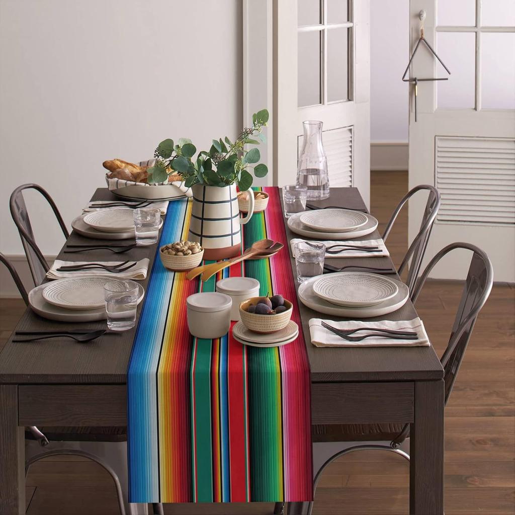 Strisce Colorate Messicane Runner da Tavola in Lino Runner per Comodino Decorazione Cucina Rustica Runner per Tavolo da Pranzo Decorazione Festa Messicana