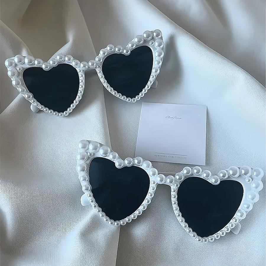 2PCS Heart Shaped Glasses With Faux Pearl Trendy Plastic Frame For Festivals Parties Vacations And Hiking