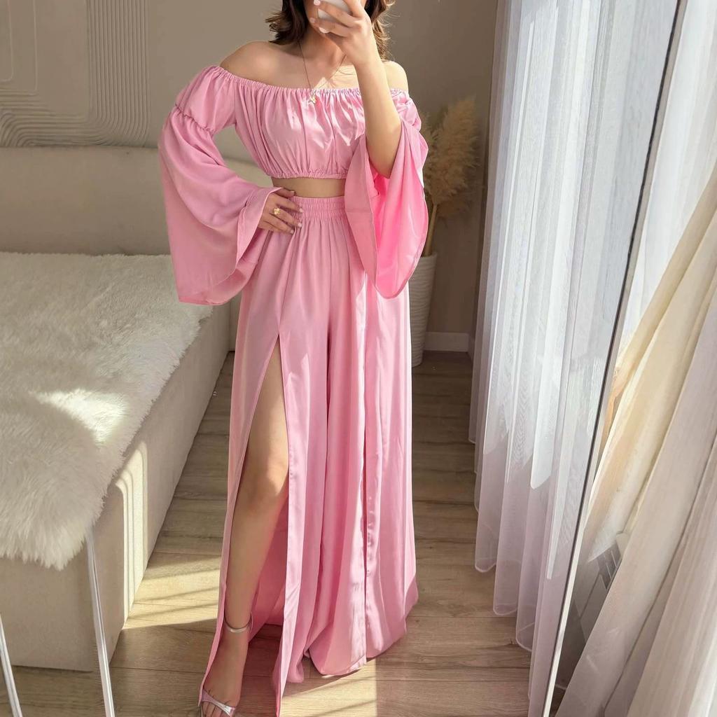 European and Women's New One-Neck Long Sleeve Short Top High Waist Split Wide Leg Pants Set