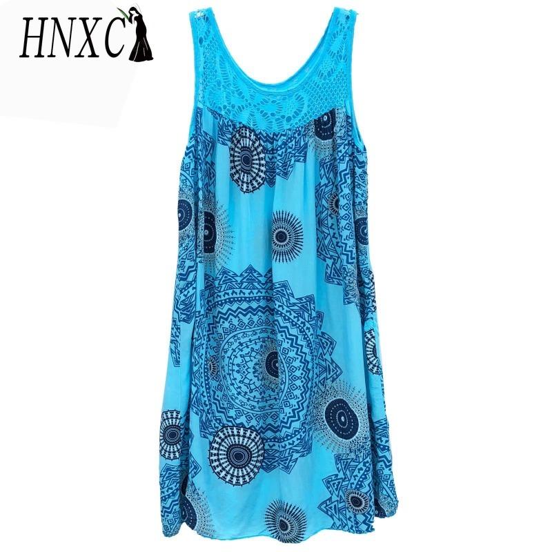 HNXC Women's Fashion Summer Spring Solid Color Print Sleeveless O-Neck High Waist Casual Dresses