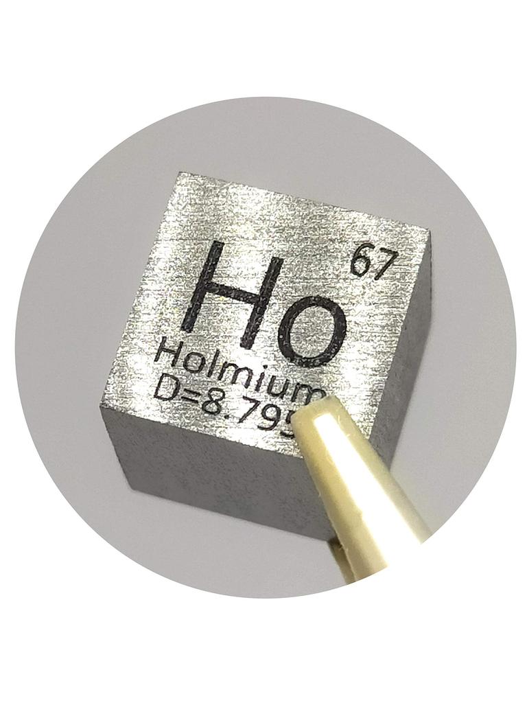 Elemental Holmium 10mm square type A specimen (Ho), cube, marking.