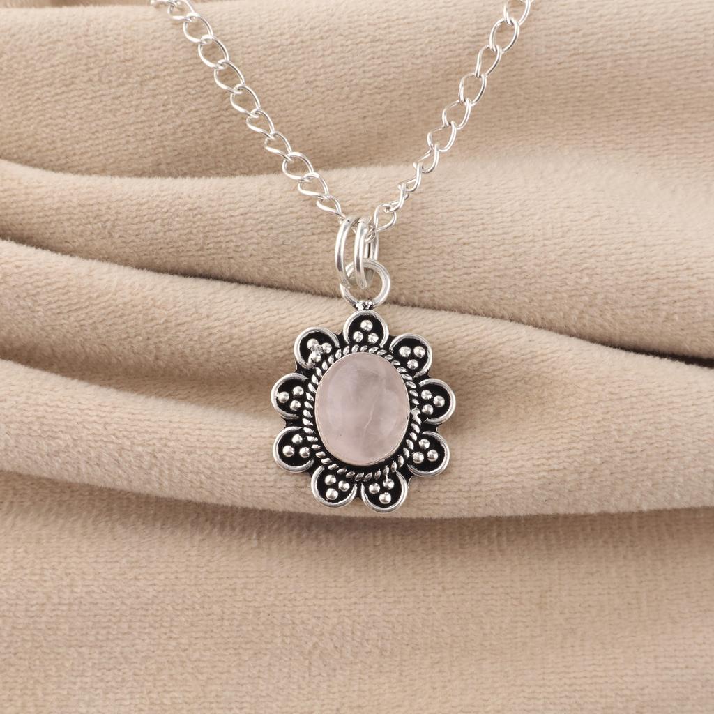 Natural Rose Quartz Gemstone 925 Sterling Silver Jewelry Handmade Pendant 1.37" For Birthday Gift CP-40-35