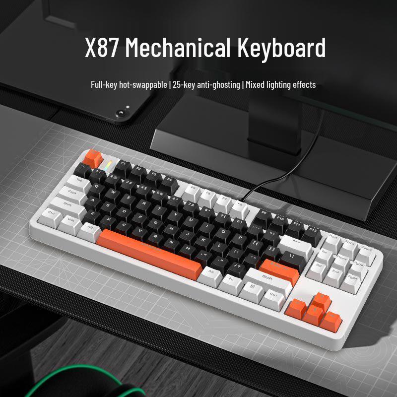 X87 Double Shot Mechanical Gaming Keyboard - Hot-Swappable Tea/Red Switches, 87 Keys, Wired, Backlit, for Office & e-Sports.