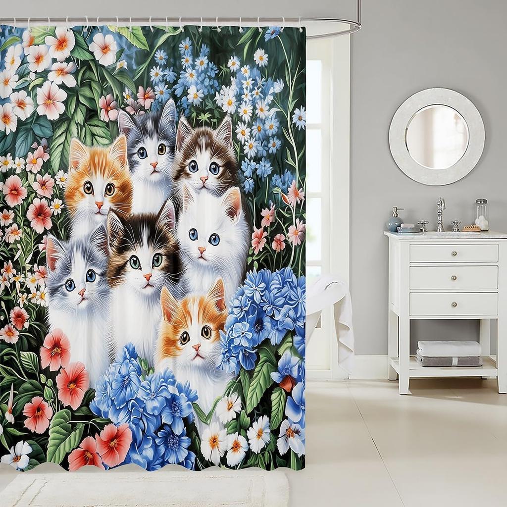 Cute Cats Shower Curtain for Kids Girls Teens Blue Floral Green Leaves Bathroom Accessories Home Garden Pets Animals Rustic Bath