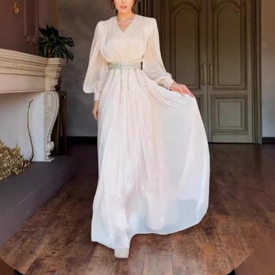 Elegant V-neck Tulle Long-sleeved Pleated Dress for Women
