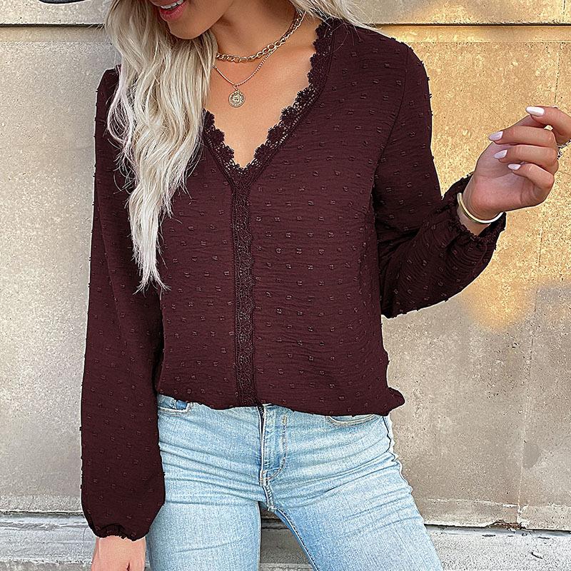 YYFS Women's Fashion Casual Summer Spring Solid Color Print Long Sleeve V-Neck Blouses & Shirts