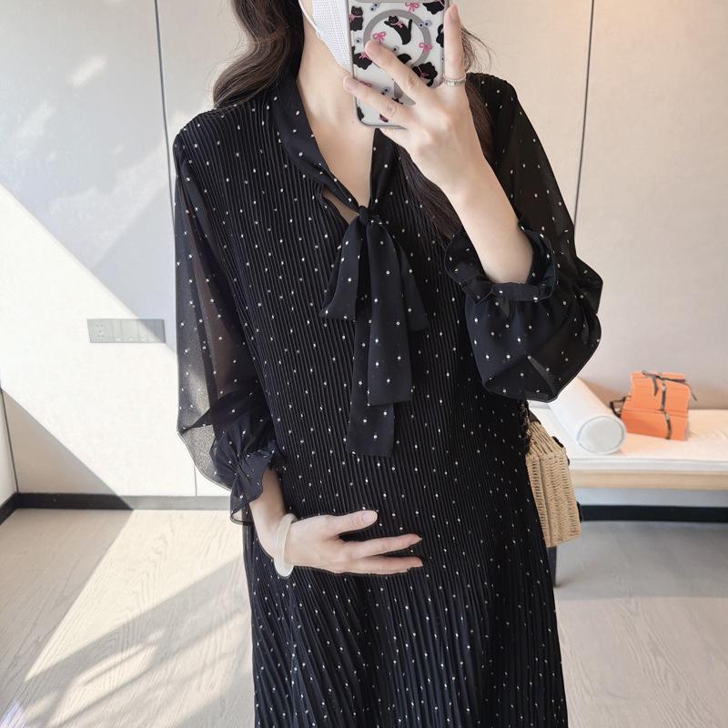2026 Spring Maternity Polka Dot Pleated Dress - Elegant, Slimming, Loose-Fit XL