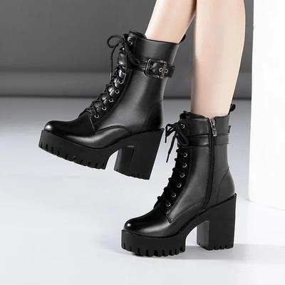 Scarpe con Plateau Taglie Forti 32-43 Stivali alla Caviglia da Donna in Pelle 2024 Autunno Inverno Stivali con Tacco Alto Stivali da Donna con Peluche Stivali da Motociclista Botas