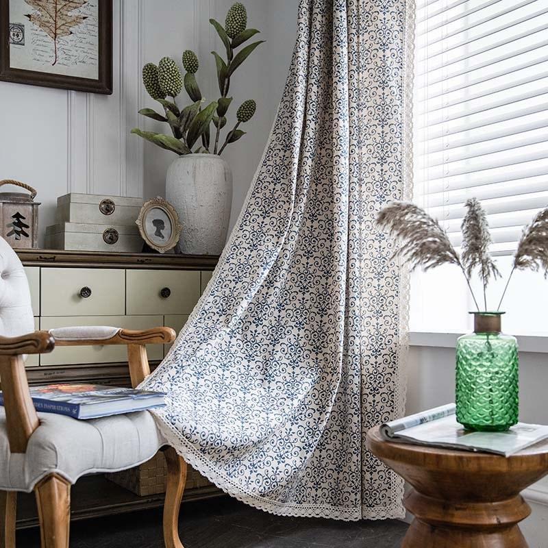 Cotton Linen American Country Retro with Sun Lace Tassel Curtain Easy Drape Window Curtains for Living Room Kitchen Valance