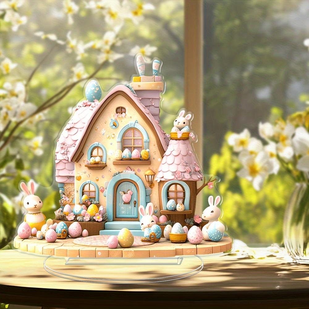 Пасхальный кролик и домик кролика настольное украшение. Изготовлено из акрила, подходит для украшения дома и офиса.
