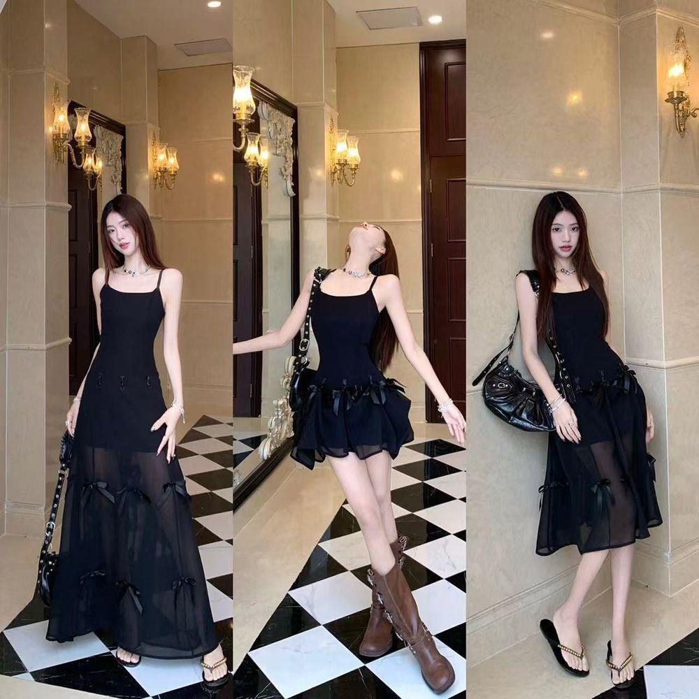 Bow temperament thin suspender dress women's summer design sense two wear super fairy waist thin dress