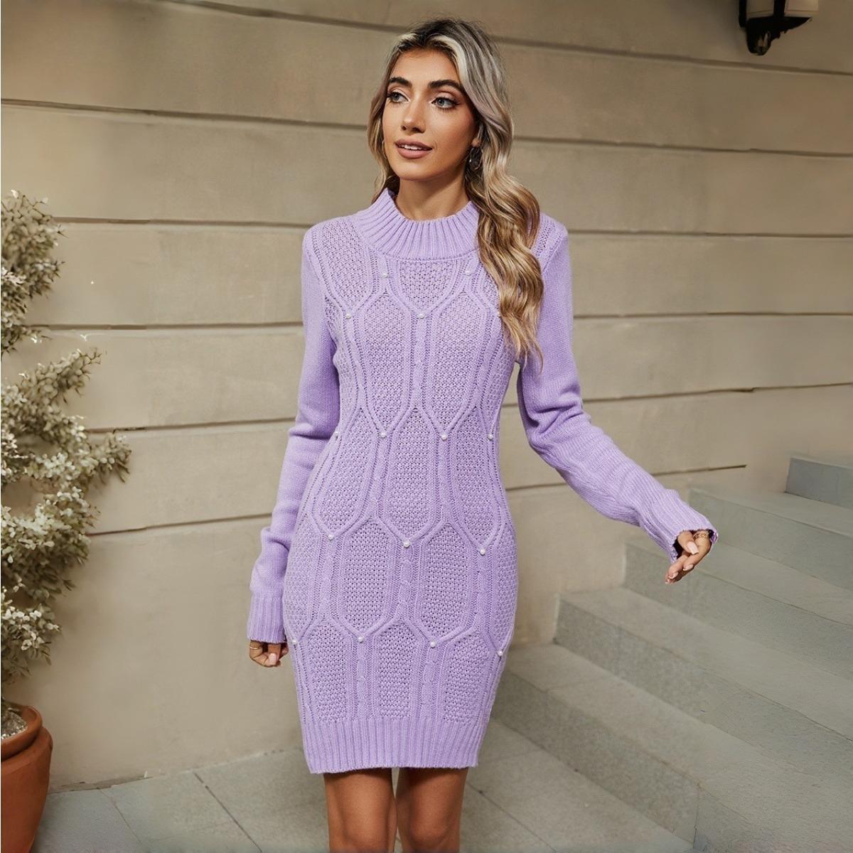 

Осень Зима Новый Женский Вязаный Теплый и Утолщенный Элегантный Вязаный Свитер Платье с Длинным Рукавом XL фиолетовый