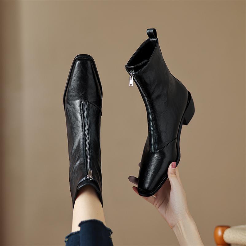 FOREADA Női Bokacsizmák Szögletes Orr Blokk Közepes Sarok Cipzáras Rövid Csizmák Tömör Női Divatcipők Ősz Tél Fekete Barna 43