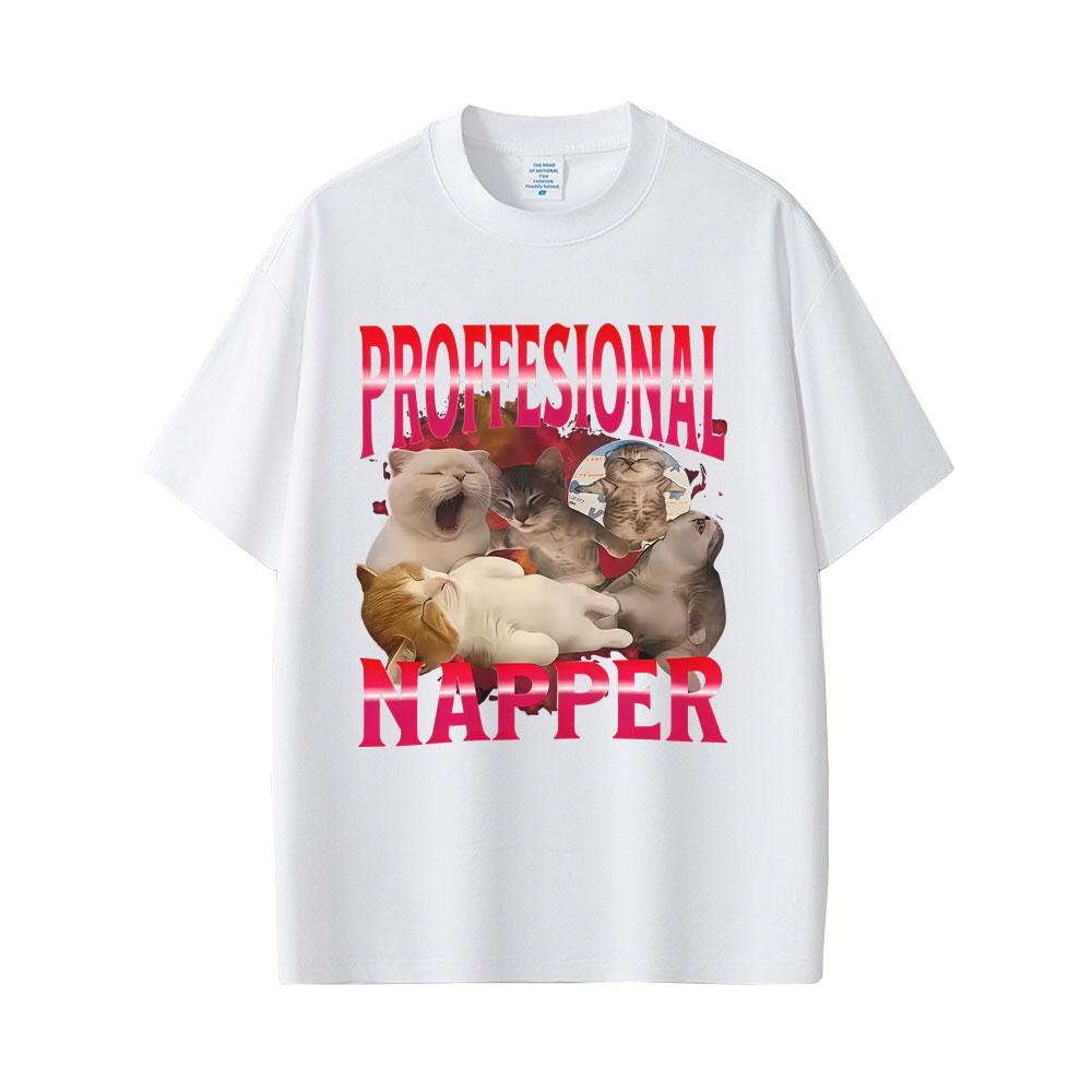 Professional Nap Cat Lover Funny Graphic T-shirt Unisex Women Casual Humor T-shirts Unisex's Cotton Oversized Short Sleeve T Shirts