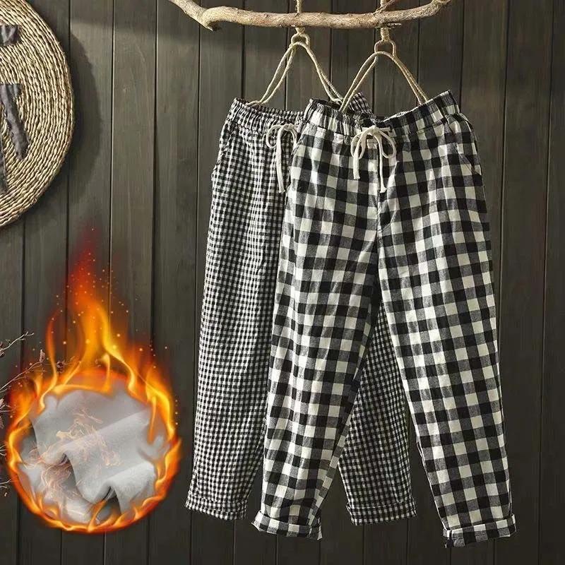 Damskie spodnie w kratę wiosenno-letnie w stylu literackim, luźne, dziewięciominutowe, z wysokim stanem i wygodnymi szerokimi nogawkami