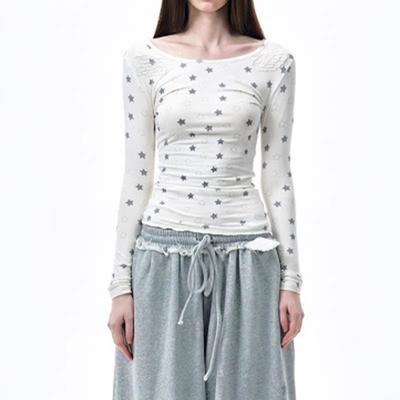 Y2K Autumn Sweet and Fresh Star Print Long Sleeved Women's Round Neck Slim Fit Top
