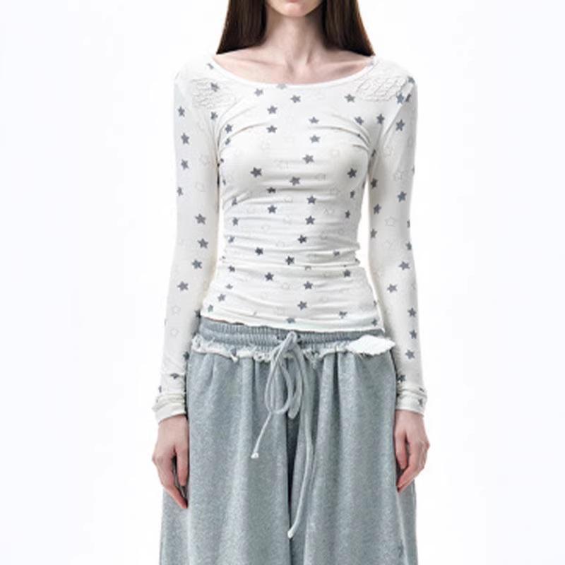 Y2K autumn sweet and fresh star print long sleeved women's round neck slim fit top