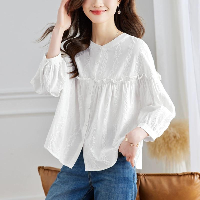 

Осенний новый стиль, черные уши, рукав-фонарик, топ с круглым воротом, рубашка абрикосового цвета с вышивкой, женская рубашка с длинным рукавом для женщин 2XL