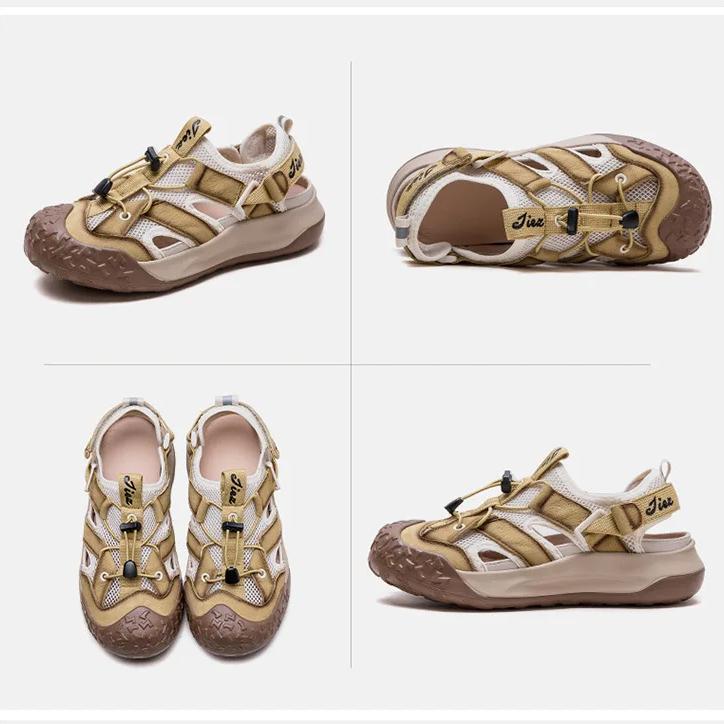 Johnature Retro Runde Zehen Atmungsaktive Mesh Sport-Sandalen Echtes Leder Leichte Damen Schuhe