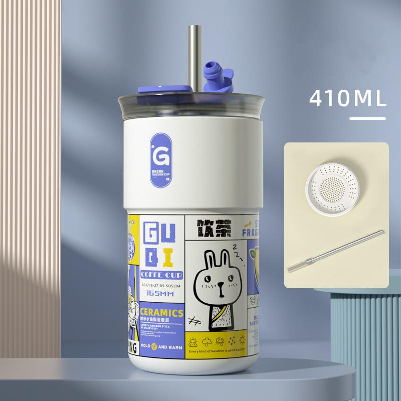2025 New Fashion Thermal Water Bottle Ceramic Coffee Insulated Cup Portable In Car Dual Drinking Straw Cold Cup Thermal