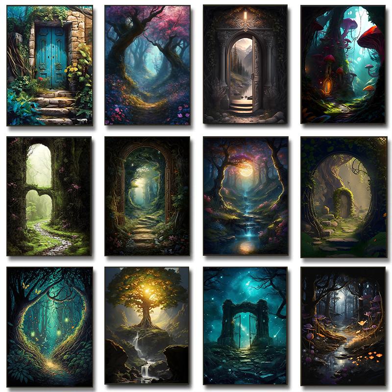 Mysterieuze Betoverde Bos Poster Zonovergoten Elfenbos Pad Sprookjes Prints Canvas Schilderij Muurfoto Huis Woonkamer Decor
