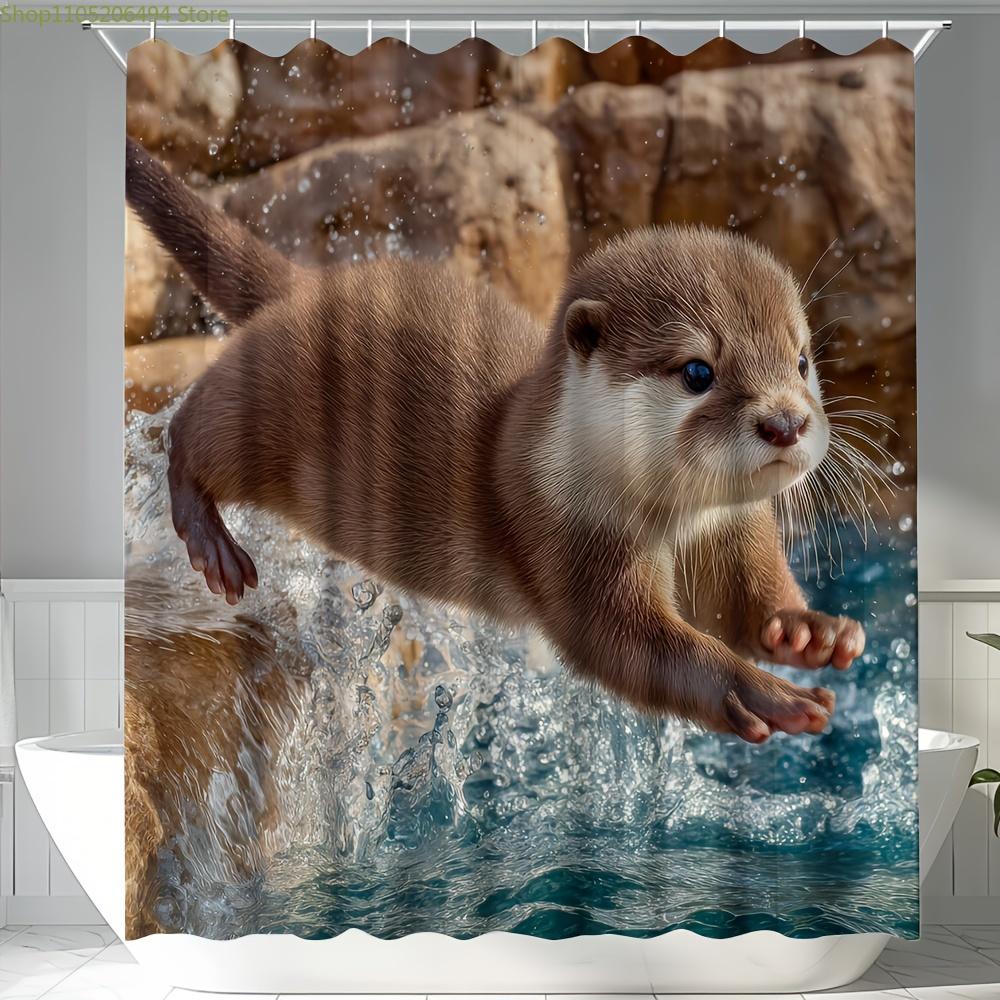 One Piece of a Shower Curtain Featuring a Jumping Otter Design, Made of Polyester, Ideal for Bathroom And Home Decor
