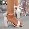 Fashion White Elegant Pearl Chain Ankle Strap Sandals Women Riband Bowknot Super High Heels Sandals Women Fashion Wedding Shoes