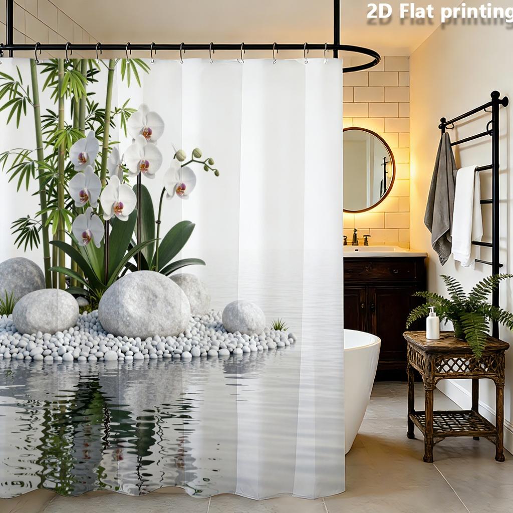 Zen Bamboo Orchid Water Garden Shower Curtain Machine Washable All Season Waterproof Privacy Protection Nature Design Peaceful