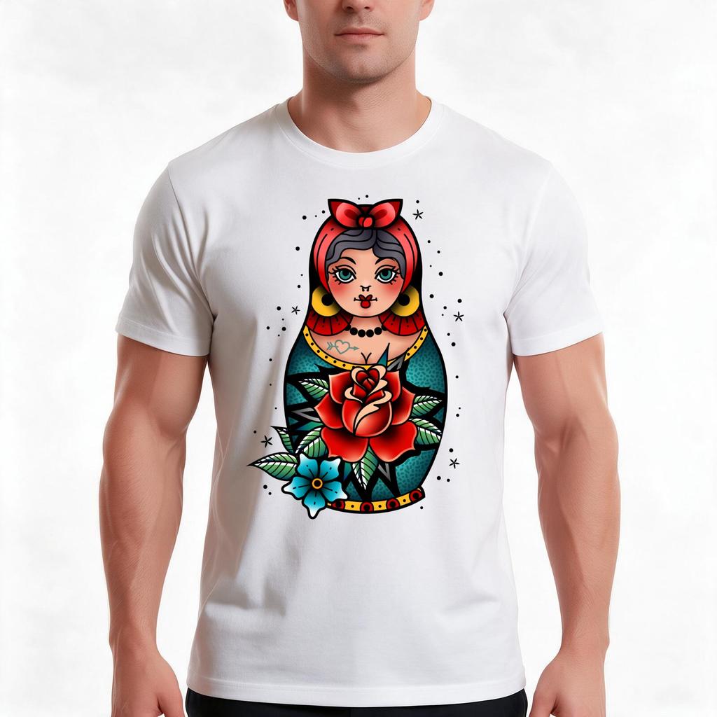 Traditional Old School Tattoo Russian Doll Matryoshka TShirt Summer Casual Cotton Tee Oversized Streetwear Tops  Cotton