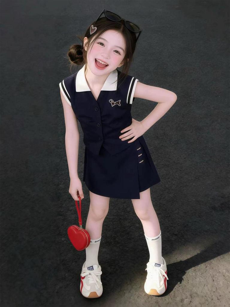 Stylish Girls' POLO Collar Vest & Skort Summer Sports Suit