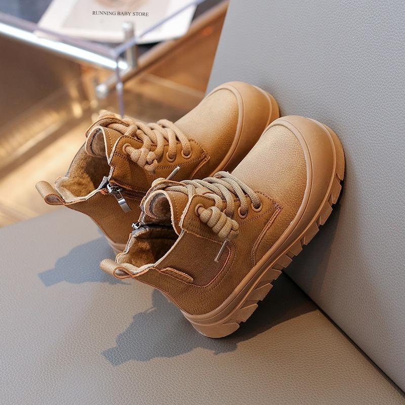 

England Style Winter Boots for Kids Girl Vintage Girls Ankle Boots Simple Solid Handsome Boys Short Boots Cozy Baby Shoes I09013 26 хаки