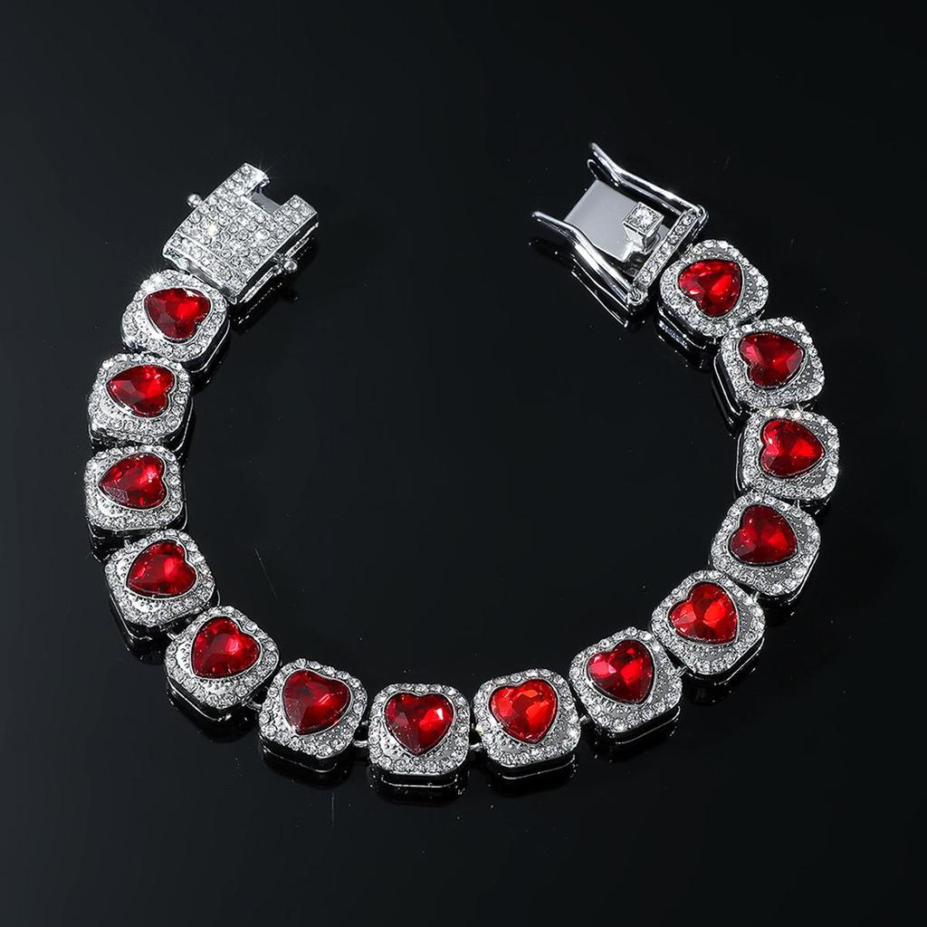 European & American Men's Bold Full Diamond Red Peach Heart Cuban Chain Bracelet - Nightclub Trend Jewelry