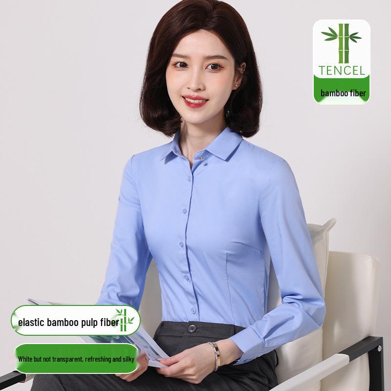 Women's Slim Fit Long Sleeve Bamboo Fiber Anti-Wrinkle White Shirt for Business or Casual Wear