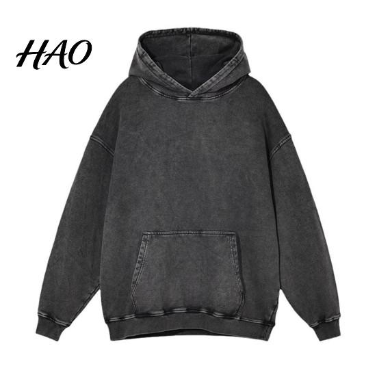 Ausgefranster gewaschener Baumwoll-Hoodie Herbst Frühling Unisex Große Tasche Mit Kapuze Locker Elastische Bündchen Und Saum Abfallende Schulter Einfarbig Sportbekleidung Oberteil Herbst