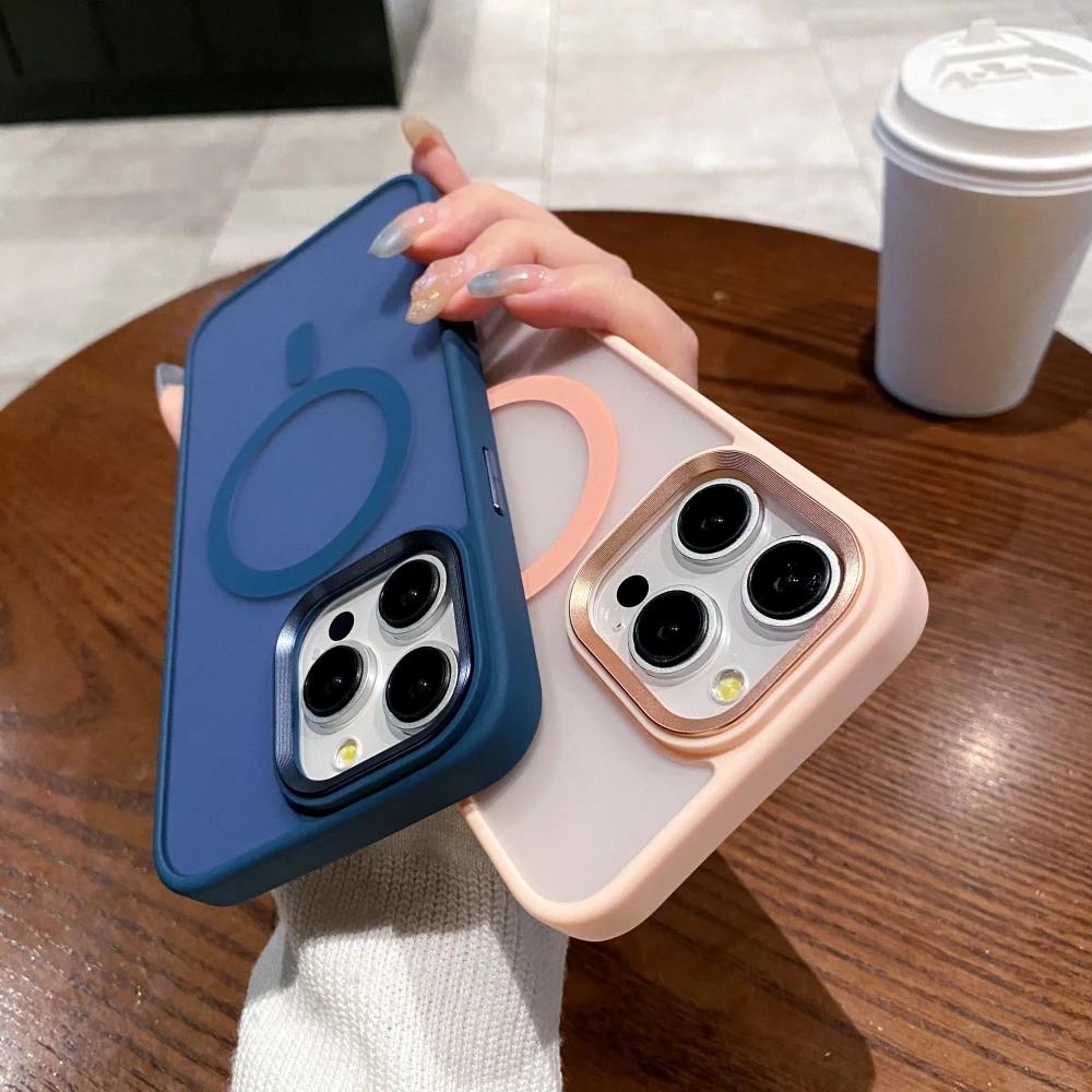 Matte Shockproof Magnetic Phone Case For iPhone 15 14 13 12 11 Pro Max Plus For Magsafe Wireless Charge Metal Camera Ring Cover