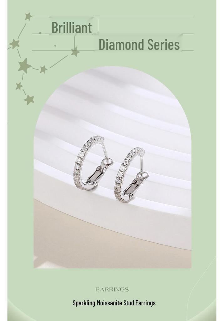 Japanese 925 Silver Moissanite Diamond Round Earrings with U-shaped Backs - Exquisite Women's Accessories